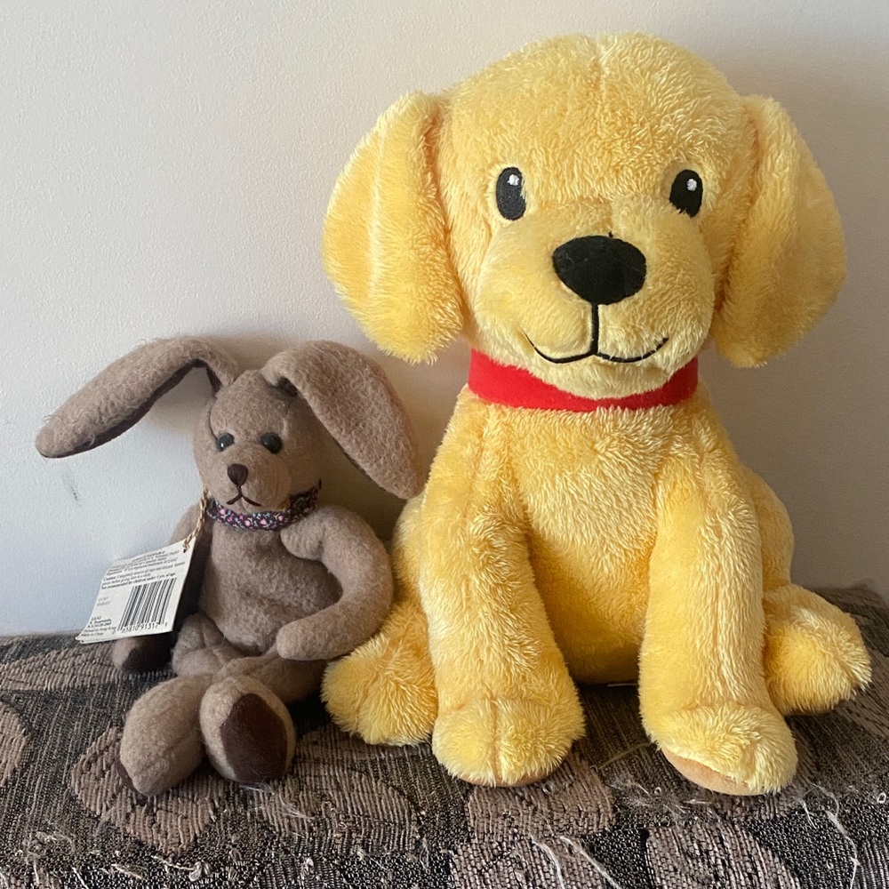 Yellow Plush Dog Toy and a bean bunny toy